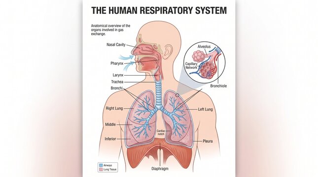 Anatomical illustration of the human respiratory system highlighting lungs, trachea, and bronchi for medical education