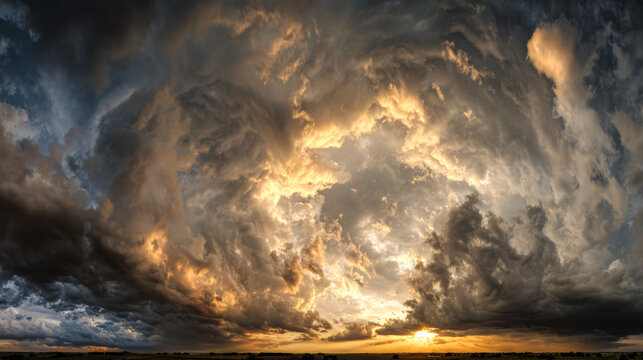 Epic panoramic sky filled with enormous sculptural storm clouds illuminated by warm sunlight breaking through the center, multiple layers of atmospheric clouds extending toward the horizon