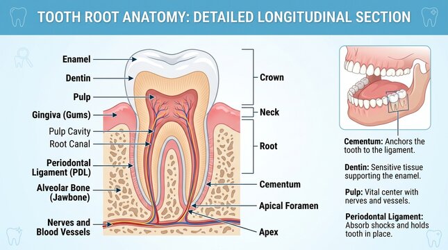 Detailed longitudinal section infographic of human tooth root anatomy with labeled biological parts