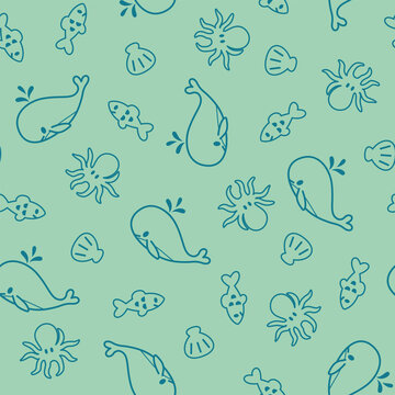 Seamless marine pattern with whales, octopuses, and fish on teal background