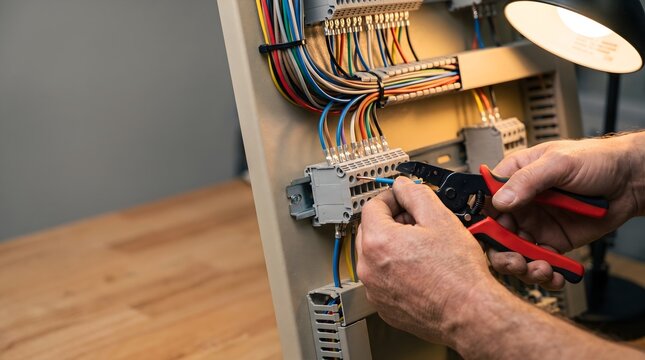 Electrician using wire strippers or pliers to wire an industrial electrical control panel with terminal blocks
