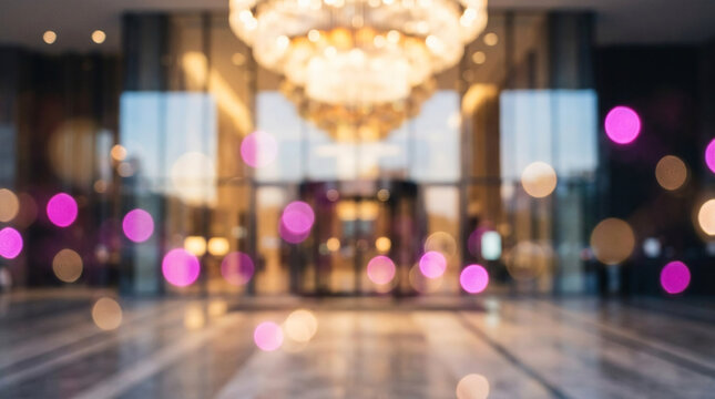 Luxury hotel lobby entrance abstract background blur with glowing crystal chandelier and colorful bokeh lights for elegant commercial design projects.