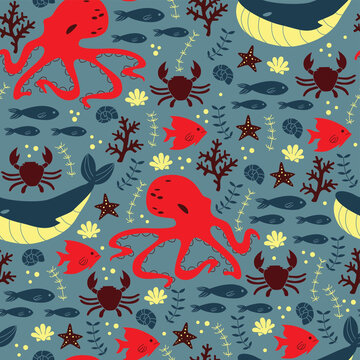 Seamless marine pattern with octopus, fish, and sea creatures