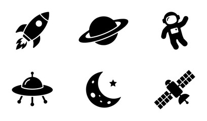 Space Icons Set: Rocket, Astronaut, UFO, Planet, Moon, Satellite Vector Graphics © Indrani