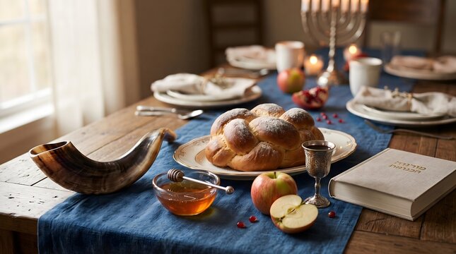 Shabbat Table Setting with Challah Bread, Honey, and Apples.