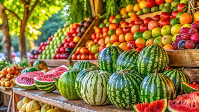 A fruit stand overflowing with vibrant summer delights its star attraction a plump juicy ripe watermelon