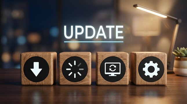 System Software Update Concept with Wooden Blocks Featuring Icons and Modern Digital Text on Desk