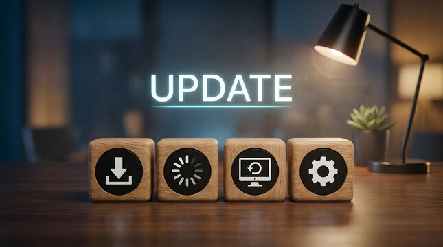 Software Update Concept with Glowing Text and Wooden Blocks Featuring Download and Settings Icons