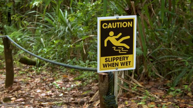 Slippery when wet caution sign on jungle hiking trail during rainy season.