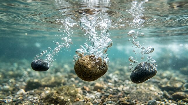 Crystal clear water with bubbles and falling river stones