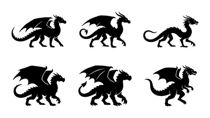 Obraz premium Mythical Dragon Silhouettes, Fantasy Creature Icons, Legendary Beast Vector Set