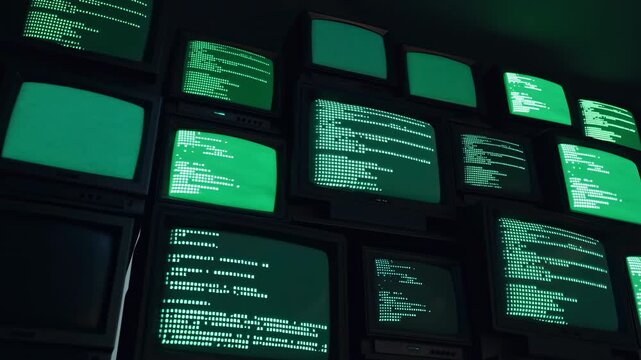 Wall of stacked CRT monitors glows with green terminal text as screen content shifts across multiple displays in a dark room, creating a dense vintage computer control wall