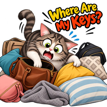 Frantic Cat&rsquo;s Key Hunt, cat, frantic cat, key hunt, lost keys, searching, missing keys, key search, confusion, panic, stressed cat, funny cat, cute cat, adorable, feline, pet, animal, cartoon, charact
