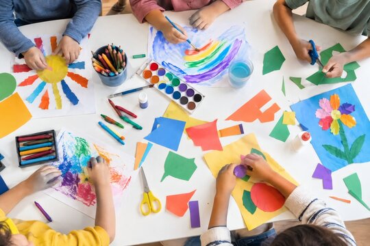 Children Engaging in Creative Art and Craft Activities Around Table During Classroom Learning Session