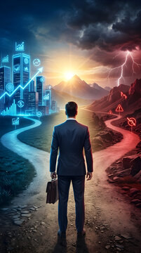 Businessman Standing at a Crossroads Choosing Success Over Risk
