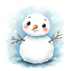 Obraz premium Cute Cartoon Snowman with Carrot Nose and Twig Arms on Blue Winter Background