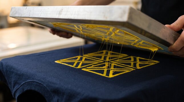 Close-up of screen printing process with yellow ink on dark cotton fabric  