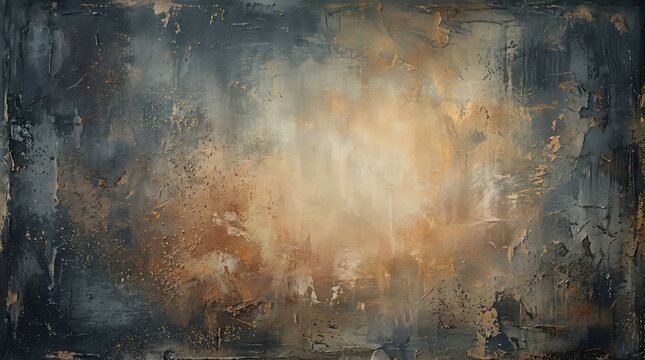 Abstract oil painting background with warm golden light glowing through dark textured forest trees and foliage
