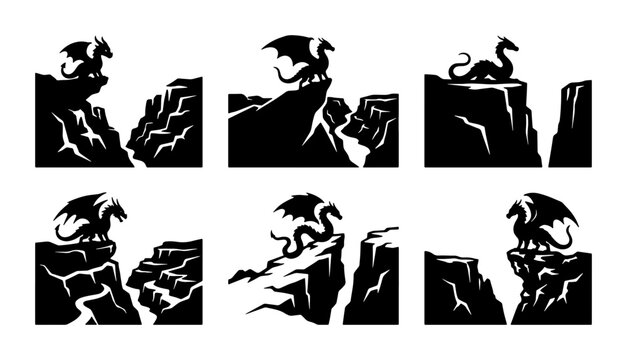 Mythical Dragon Cliff Icons, Fantasy Creature Vector Set, Dark Silhouette Beasts