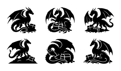 Mythical Dragon Silhouettes, Fantasy Creature Icons, Treasure Hoard Vector Set © Niloy