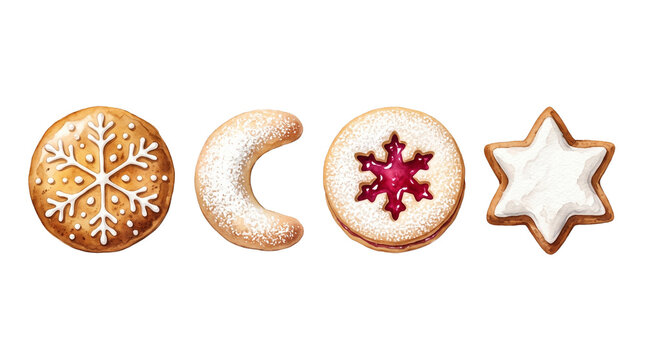 Watercolor European Christmas Cookies Set with Gingerbread Snowflake Vanillekipferl Linzer Cookie and Zimtstern