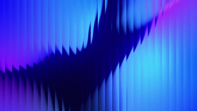 Blue Cyan Purple Abstract Glass Motion Background with vertical fluted texture, luminous gradients and flowing dark wave distortions, creating a futuristic refracted light animation for digital design