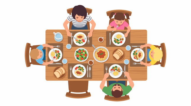 Family enjoying a meal together at a wooden table seen from above