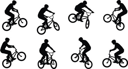 Fototapeta premium Collection of black and white BMX biker silhouettes performing extreme sports tricks and mid air jumps on bicycles