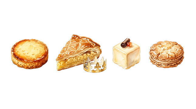 Watercolor French Pastries Set featuring Kouign-Amann Galette des Rois Petit Four and Macaron Craquelin