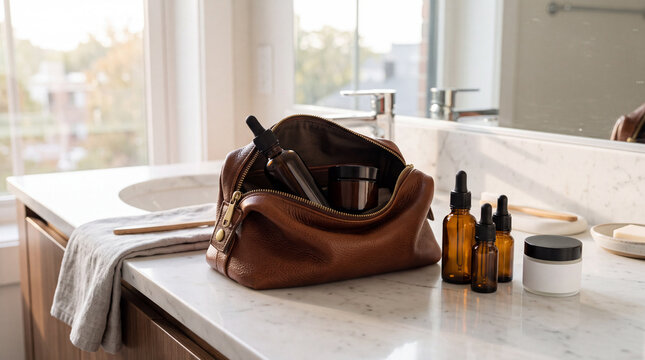 Men's luxury brown leather toiletry bag with amber glass dropper bottles, cream jars, and organic skincare routine products for men on a white marble bathroom countertop.