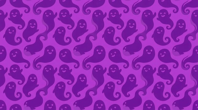Seamless pattern background featuring cute cartoon ghosts in various purple shades for halloween themed graphic design projects