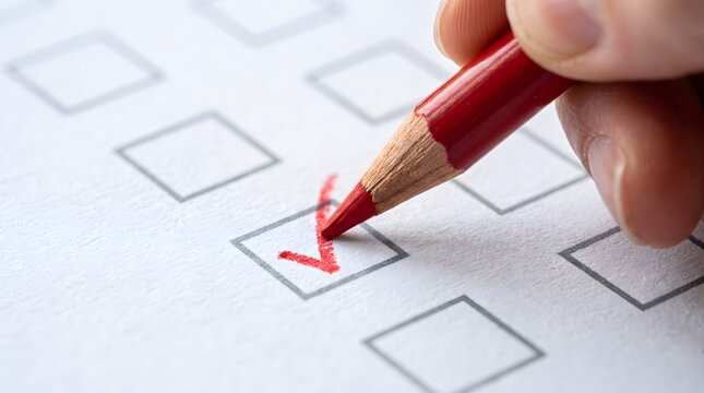 Hand marking check box with red pencil on survey document.