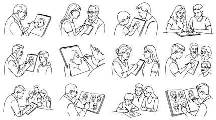 Fototapeta premium Diverse People Posing for Artists Drawing Portraits in Sketchbooks, Isolated