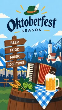 Accordion and beer mug on wooden barrel with hops and blue cloth at scenic german countryside