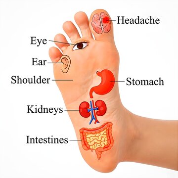 Foot reflexology chart illustration showing anatomical organ mapping points on sole for massage therapy, acupressure education, spa wellness infographics, and alternative medicine.