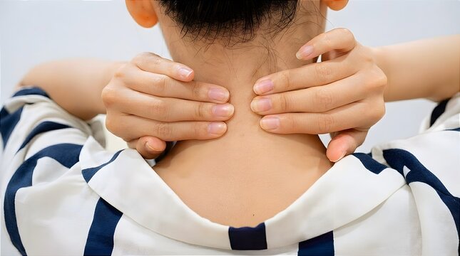 Rear view close-up of a woman massaging the back of her neck to ease muscle stiffness and stress, ideal for self-care routine, posture health, wellness therapy, and pain relief.