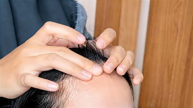 Close-up of therapist hands inspecting scalp and thinning hair on a man forehead, ideal for hair loss treatment, scalp health examination, dermatology, and hair care clinic concepts.