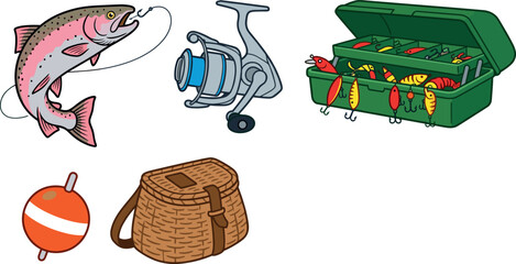 Fishing Equipment Icon Set with Trout Fish on Hook, Reel, Tackle Box with Lures, Bobber, and Wicker Creel Bag Vector Illustration Elements © Honey!