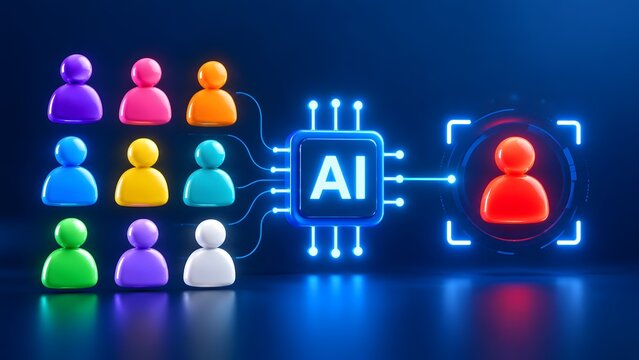Artificial intelligence microchip filtering colorful 3d avatars to select a specific red target. Concept of automated predictive analytics and algorithmic talent acquisition.