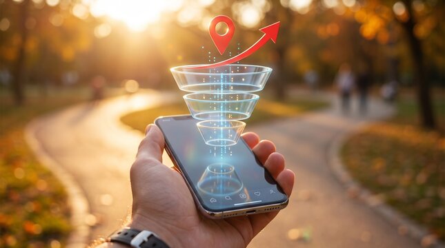 The Digital Journey: A smartphone displaying a glowing funnel and a map pin symbolizes a seamless digital journey.