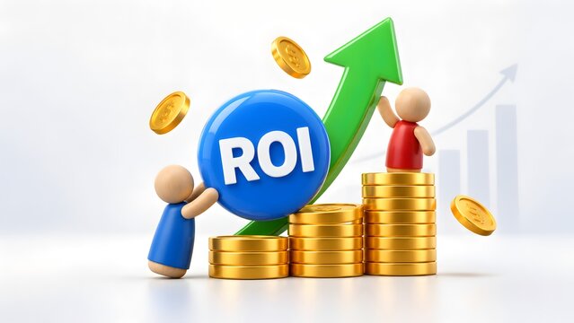 Two 3d characters lifting a blue roi button alongside stacked gold coins and a green upward arrow. Concept of lucrative corporate equity dividend and synergistic team optimization.