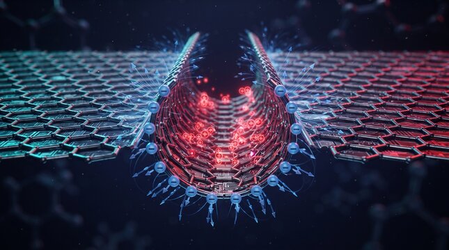 Nanotechnology Breakthrough: A microscopic view of a carbon nanotube interfacing with graphene layers, symbolizing innovation in nanotechnology and materials science.