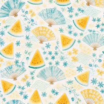 Japanese Summer Festival Watermelon and Folding Fan Seamless Pattern II