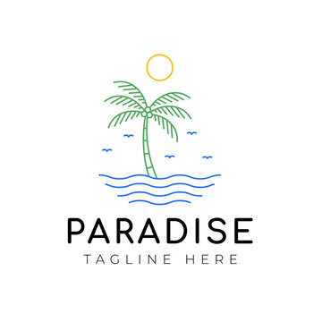 Minimalist tropical palm island with sunset logo design vector