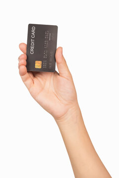 Hand hold credit card isolated on white background.