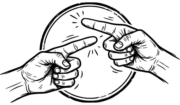 Two hands touching pointing fingers inside a circle badge, hand drawn engraving style illustration