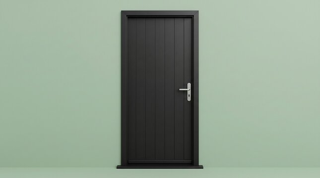 Modern black steel frame glass door featuring frosted glass panes and a sleek vertical pull handle, set against a mint green background.