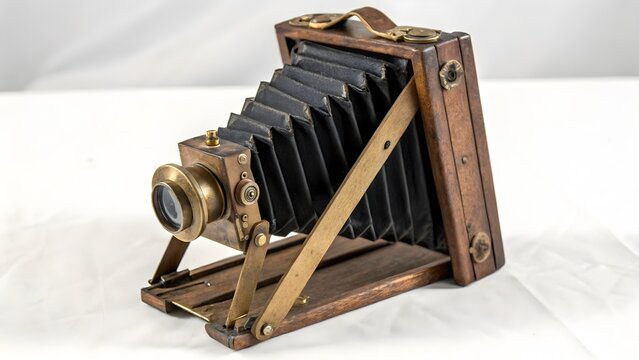 Vintage folding camera crafted from wood and brass rests on a light surface.