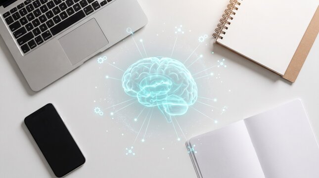 Digital Brain and Study Tools: A glowing holographic brain visualization is surrounded by a laptop, smartphone, and open notebooks, symbolizing knowledge, learning, and technology.