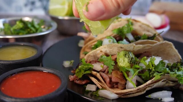 Hand squeezes lime over fresh tacos filled with meat, onions, and cilantro.
